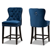 Baxton Studio Howell Modern Transitional Navy Blue Velvet Upholstered and Dark Brown Finished Wood 2-Piece Counter Stool Set